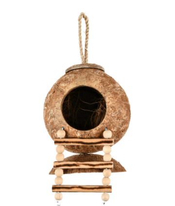 Penn-Plax Coconut Hut Habitat - Toy and Home for Hamsters - 3 Step Rope Ladder